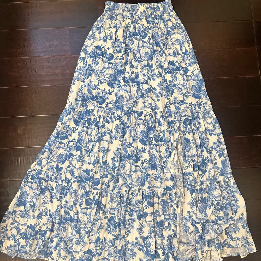 Altar'd State White Maxi Skirt with Blue Floral Print